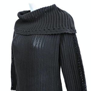 Vintage Talbots Black Open Knit Sweater Exaggerated Foldover Collar Cotton MP